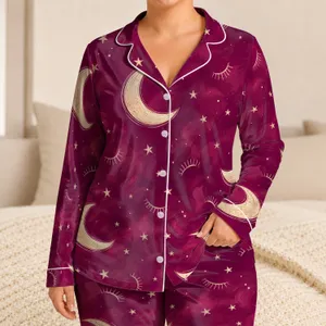 Plum Crescent Moon And Ivory Star Sleepover Style For Cozy Feminine Nights At Home Satin Pajamas Set