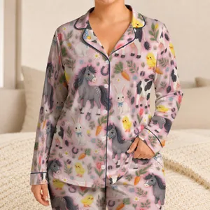 Storybook Barnyard Rabbit, Cow, Horse And Chick For Cozy Spring Gift Days For Girls Satin Pajamas Set
