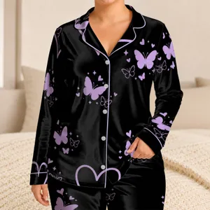 Black Butterfly Heart Lounge Outfit For Cozy Nights At Home For Women And Teens Daily Satin Pajamas Set
