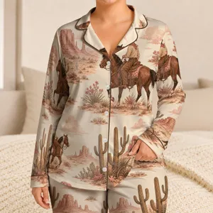 Western Desert Cowboy Horses And Cactus Cozy Autumn Holiday Gift For Girls At Home Satin Pajamas Set