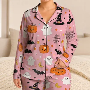Cute Ghosts, Bats, and Pumpkins for Cozy Halloween Nights and Autumn Sleep for Girls Satin Pajamas Set