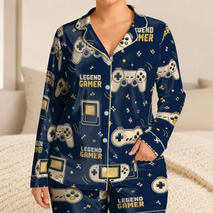 Retro Gamer Controller Navy Outfit for Teens, Legend Gamer Cozy Giftable Wear For Fans Satin Pajamas Set