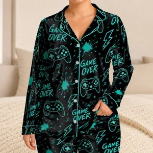 Retro Gaming Controllers With Neon Arcade Energy For Cozy Night Lounge For Teens Satin Pajamas Set