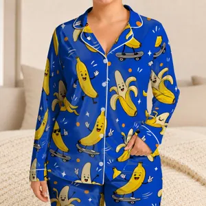 Cheeky Banana Characters on Cobalt Blue For Cozy Summer Bedtime For Kids Lounging Satin Pajamas Set