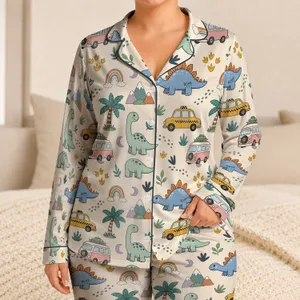 Kids Travel Adventure Dinosaur Camper Nursery Bedtime Gift for Little Explorers Satin Pajamas Set