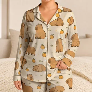 Cute Capybara And Citrus Kawaii Vintage Cartoon Loungewear For Cozy Teens At Home Satin Pajamas Set