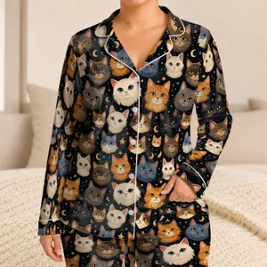Charcoal Cat Face Cozy Night Style for Cat Lovers, Lounging, and Gift Giving at Home Satin Pajamas Set