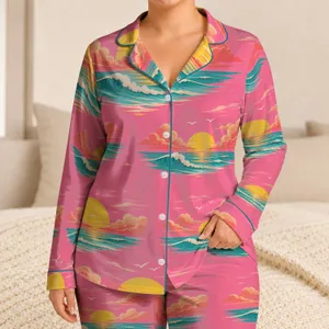 Retro Sunset Ocean Sleep Set For Summer Nights, Teens And Coastal Vacation Getaways Satin Pajamas Set