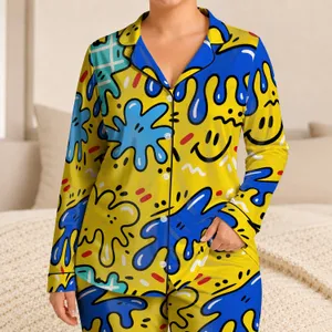 Lemon Yellow Graffiti Splash Lounge Wear For Teens And Tweens For Cozy Nights At Home Satin Pajamas Set