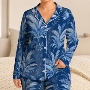 Blue Palm Fronds And Tropical Leaves For Summer Vacation Getaways Gift For Teenagers Satin Pajamas Set