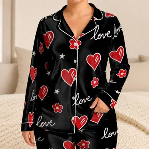 Black Heart And Love Motif Lounge Set For Cozy Nights In At Home For Teen Girls Daily Satin Pajamas Set