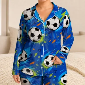 Bold Soccer Ball Cobalt Loungewear for Teen Athletes and Weekend Downtime at Home Satin Pajamas Set