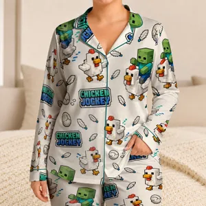 Retro Chicken Jockey Voxel Scenes For Cozy Summer Lounging And Bedtime For Teens Satin Pajamas Set