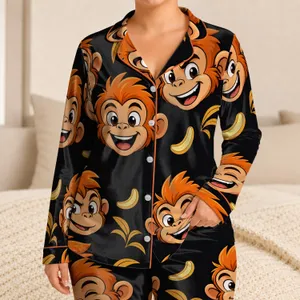 Playful Monkey Face Lounge Set For Cozy Sleepovers And Relaxed Teen Downtime At Home Satin Pajamas Set