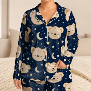Cream Teddy Bear Moon And Star Bedtime Loungewear Gift For Teen Girls And Tweens Night Satin Pajamas Set