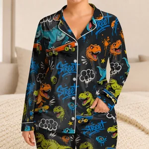 Graffiti Dinosaur Skateboard Lounge Outfit for Teen Boys Summer Chill Sleep Style Satin Pajamas Set