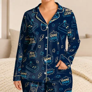 Teen Skate Arcade Lounge Outfit For Retro Gamer Night Sessions, Navy Cyan Street Style Satin Pajamas Set