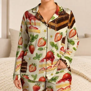 Strawberry Cake And Chocolate Dessert Motifs For Cozy Nights And Sweet Gifting Women Satin Pajamas Set