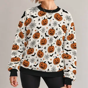 Pumpkin Bat Spiderweb Halloween Motifs for Spooky Autumn Celebrations All-over Print Knitted Sweater