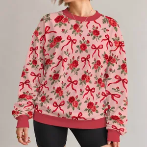 Blush Pink Roses And Red Bows For Cozy Autumn Days And Romantic Everyday Style All-over Print Knitted Sweater