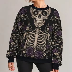 Ivory Floral Sugar Skull With Purple Roses for Halloween Parties and Autumn Celebrations All-over Print Knitted Sweater