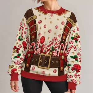 Candy Maker Peppermint Belt and Candy Cane Holiday Look for Christmas Sweet Shop Fans All-over Print Knitted Sweater