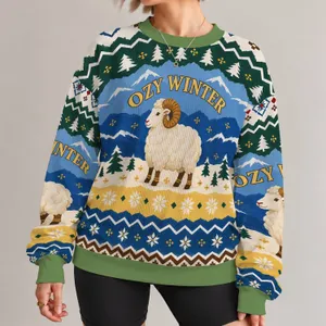 Curled-Horn Lamb Among Alpine Winter Bands for Cozy Cold-Weather Days Outdoors All-over Print Knitted Sweater
