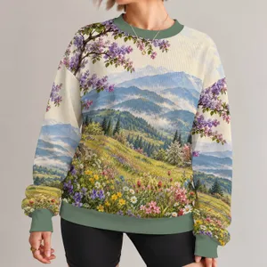 Spring Wildflower Mountain Meadow Scenery for Nature-Loving Everyday Outings and Travel All-over Print Knitted Sweater