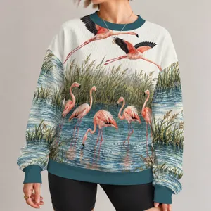 Coral Flamingos Wading in Blue Wetlands for Spring Outings and Nature-Loving Women All-over Print Knitted Sweater