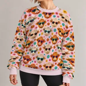 Whimsical Sunglass-Wearing Ox Heads for Playful Everyday Country Style All-over Print Knitted Sweater