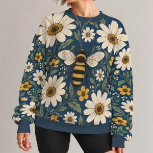 Bee And Daisy Folk Floral Motif For Relaxed Boho Casual Wear And Nature Lovers All-over Print Knitted Sweater