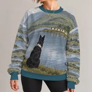 Shepherd Dog Watching Sheep by the Lake for Countryside Walks and Country Living All-over Print Knitted Sweater