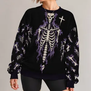 Purple Skeleton Bones and Cross for Halloween Parties and Spooky Season Celebrations All-over Print Knitted Sweater