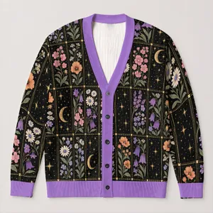 Moonlit Floral Garden for Halloween Nights and Cozy Autumn Outings for Teenagers All-over Print Knitted Cardigan