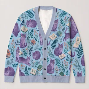 Purple Cats Reading Among Ferns for Cozy Autumn Days and Relaxed Outings for Teens All-over Print Knitted Cardigan