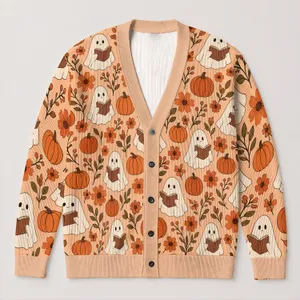 Reading Ghosts Pumpkins And Flowers For Cozy Halloween Autumn Layering All-over Print Knitted Cardigan