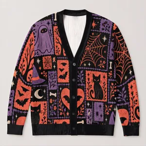 Kawaii Halloween Cats, Bats, Ghosts And Witch Hats For Cozy October Party Nights All-over Print Knitted Cardigan