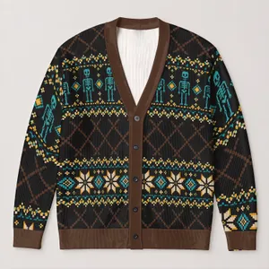 Nordic Skeleton Fair Isle Motif For Cozy Winter Days And Retro Casual Style All-over Print Knitted Cardigan