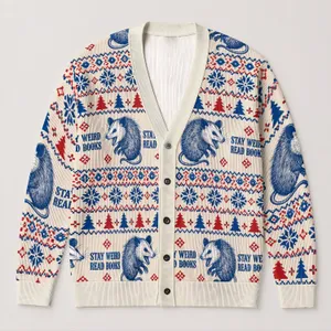 Opossum Stay Weird Read Books Winter Folk Art for Cozy Everyday Book Lovers All-over Print Knitted Cardigan