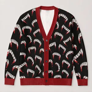 Dripping Blood Vampire Fangs for Halloween Parties and Spooky Fall Layering All-over Print Knitted Cardigan