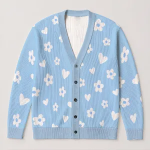 Powder Blue Hearts and Daisies for Cheerful Everyday Spring and Weekend Style All-over Print Knitted Cardigan