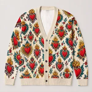Sacred Heart Motifs for Cozy Autumn Layering and Everyday Bohemian Style for Women All-over Print Knitted Cardigan