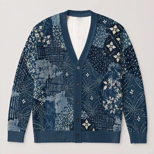 Indigo Patchwork Florals for Cozy Autumn Layering and Everyday Style All-over Print Knitted Cardigan