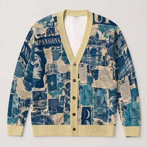 Blue And Cream Vintage Newspaper Collage For Everyday Creative Layering Style All-over Print Knitted Cardigan