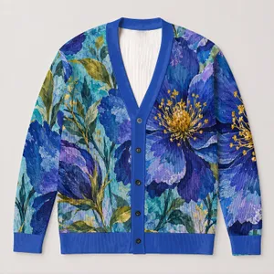 Blue Violet Botanical Blooms for Colorful Everyday Layering and Garden Style All-over Print Knitted Cardigan