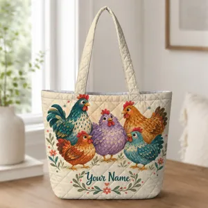 Colorful Folk Art Chickens for Farm Market Days and Cheerful Country Living Gifts Quilted Tote Bag