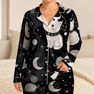 Moonlit Cat Night Sky Outfit for Cozy Sleepovers and Relaxed Evening Wear at Home Satin Pajamas Set