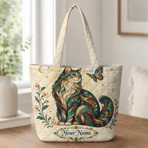Ornate Stained Glass Cat and Butterfly for Whimsical Everyday Style, Gift for Her Quilted Tote Bag