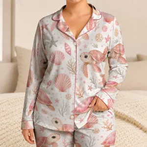 Pink Sea Turtle Coastal Style for Beach Getaways, Cozy Lounging, and Gift Giving Satin Pajamas Set