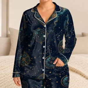 Midnight Navy Celestial Astrolabe Constellation Cozy Nights At Home Lounging Wear Satin Pajamas Set